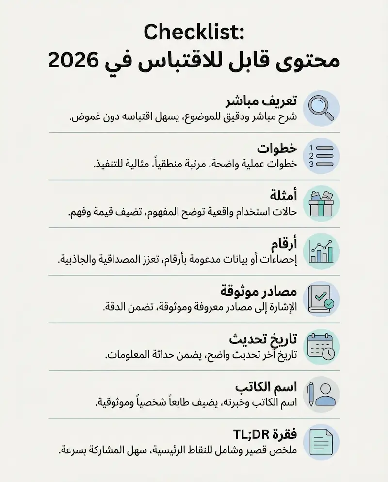 قائمة تحقق لعناصر المحتوى القابل للاقتباس في 2026